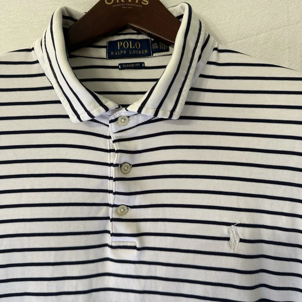 MENS PoloRalph Lauren Classic Fit White/Navy Striped‎ Polo Shirt Size XXL